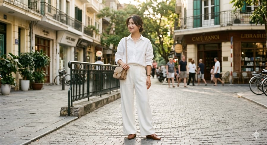 Sơ mi trắng và quần tây trắng tạo nên công thức thời trang tối giản nhưng đầy khí chất cho mùa hè 2026.