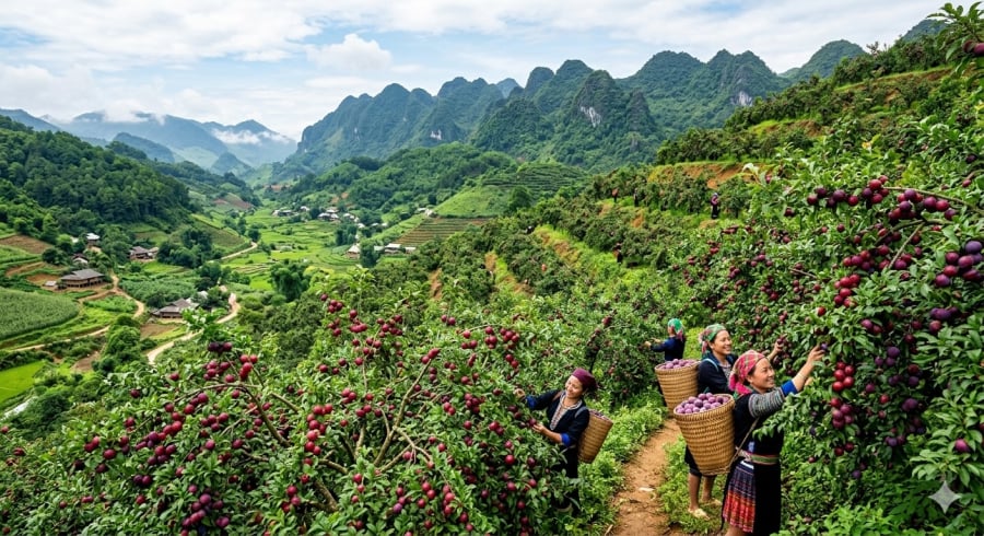 Mận hậu Sơn La vào chính vụ thu hút du khách và thương lái khắp nơi.