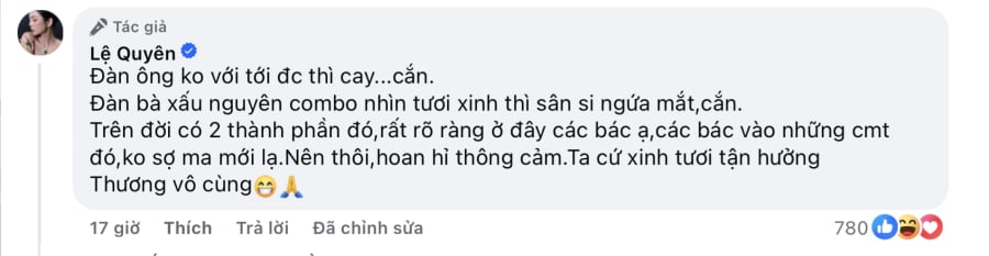 Lệ Quyên gây tranh cãi với đáp trả bình luận kém duyên bàn tán về ngoại hình của cô  