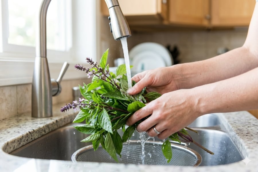 Chuyên gia khuyến cáo nên rửa kỹ rau húng quế trước khi ăn sống để hạn chế nguy cơ nhiễm khuẩn.