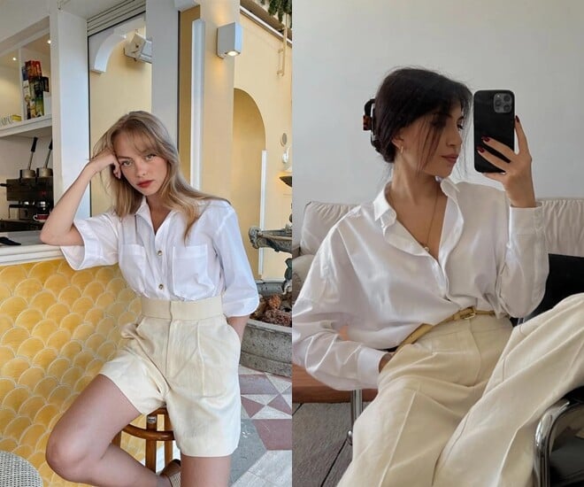  Một chiếc sơ mi trắng dáng rộng có thể kết hợp với quần jeans, quần short hay chân váy đều phù hợp.
