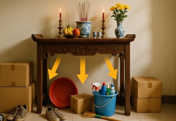 Nhiều gia đình có thói quen tận dụng khoảng trống gần bàn thờ để đặt thùng carton, túi đồ hay những vật dụng ít dùng tới.