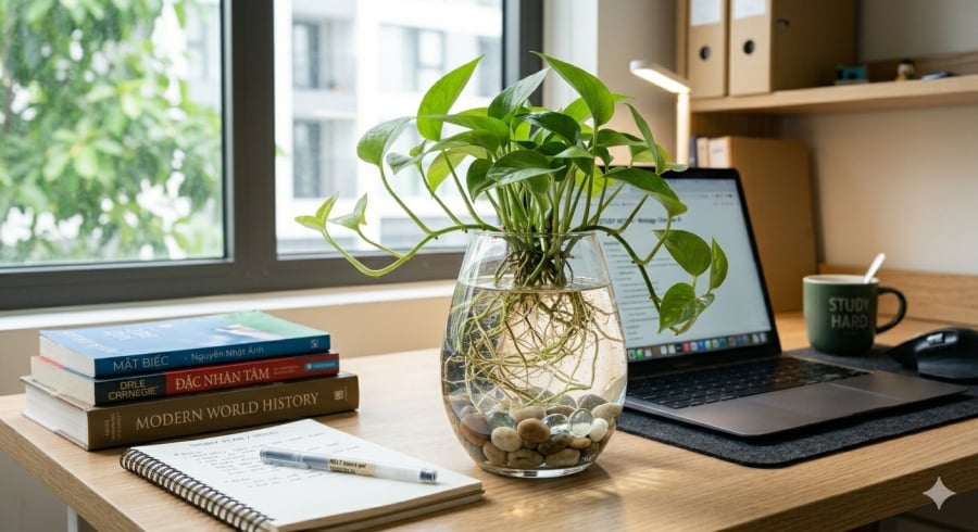 Nhiều người lựa chọn trầu bà như một điểm nhấn giúp giảm cảm giác căng thẳng khi học tập.