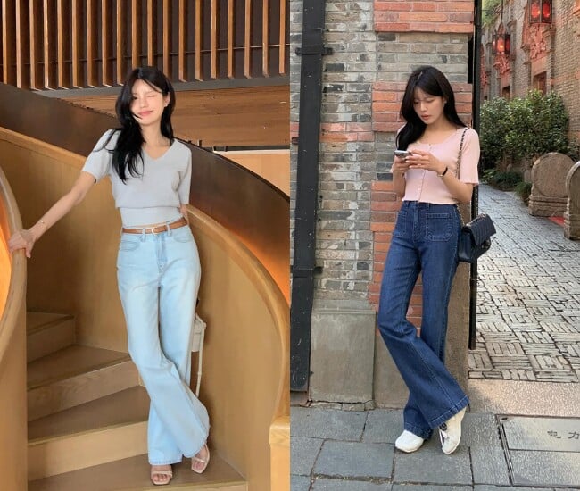 Những mẫu áo basic ôm nhẹ hoặc phom suông vừa phải giúp cân bằng phần ống quần loe bên dưới, từ đó tạo cảm giác cơ thể hài hòa hơn.