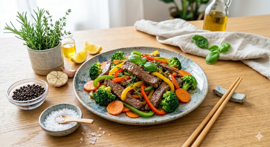 Kết hợp thịt bò cùng rau xanh giúp bữa ăn cân bằng dinh dưỡng hơn.
