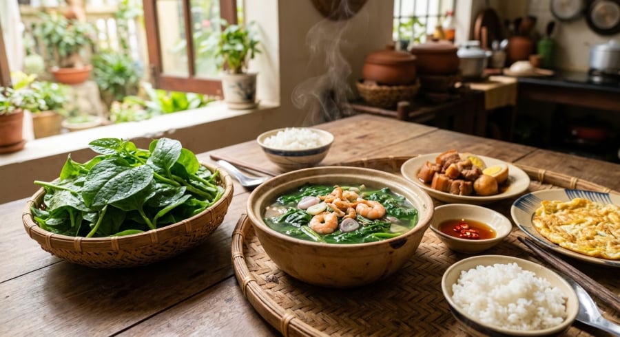 Rau mồng tơi chứa nhiều vitamin và khoáng chất, thường được dùng trong các món ăn thanh mát ngày hè.