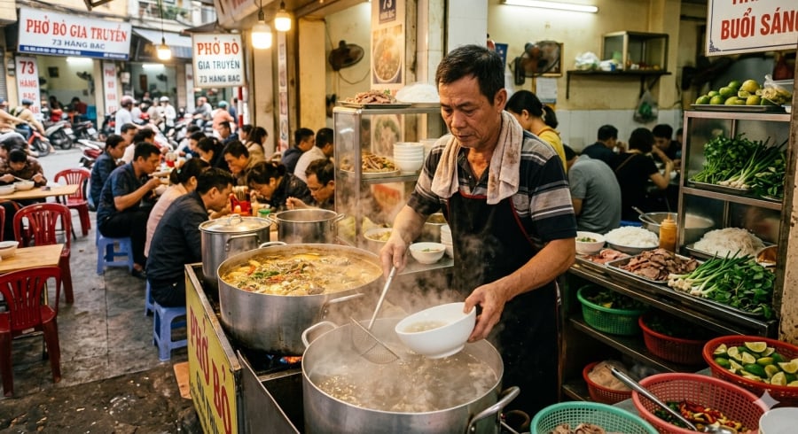 Chần bát bằng nước sôi là thao tác nhỏ nhưng giúp tô phở giữ nóng và thơm lâu hơn.