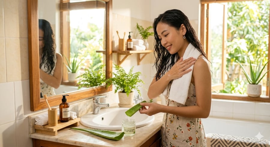 Nha đam tươi được nhiều người dùng để cấp ẩm cho tóc khô xơ mùa nắng nóng.