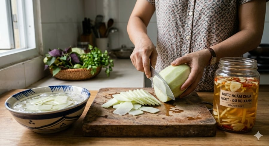 Đu đủ xanh ngâm đúng cách sẽ giữ được độ giòn sần sật – “bí quyết nhỏ” làm nên bát bún chả chuẩn vị Hà Nội.