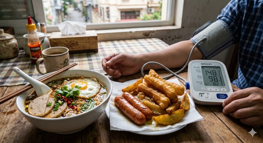 Nhiều món ăn sáng quen thuộc có thể chứa lượng muối và chất béo cao, không phù hợp với người bị tăng huyết áp.