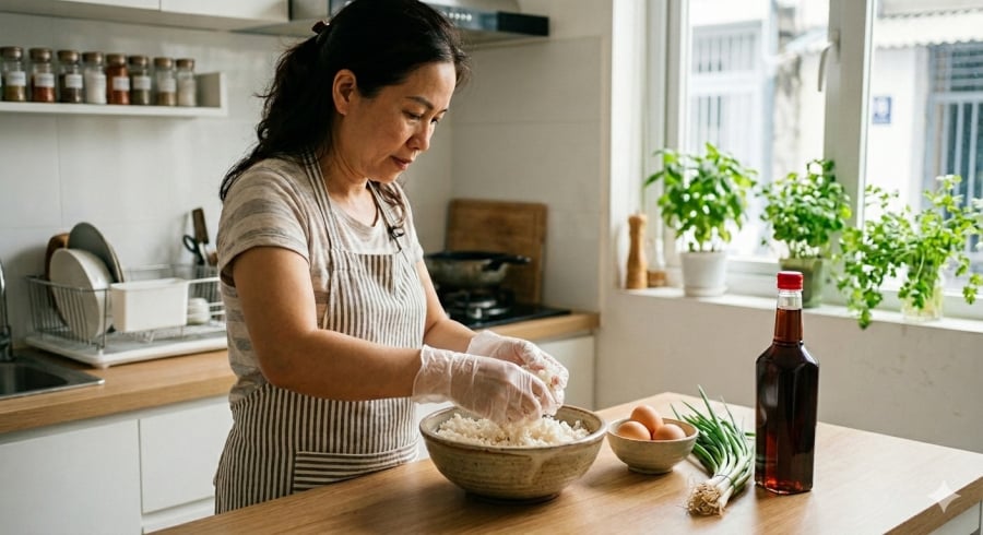 Cơm nguội qua đêm đúng cách giúp cơm rang vàng đều, không dính cục và ngon hơn hẳn cơm mới nấu.