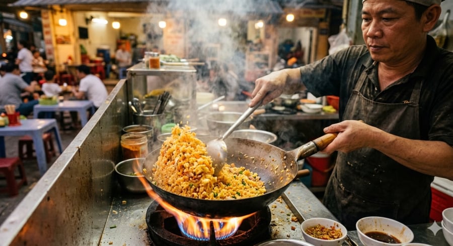 Bí quyết của cơm rang ngoài hàng nằm ở chảo thật nóng và lửa lớn giúp hạt cơm săn tơi, thơm đậm vị.