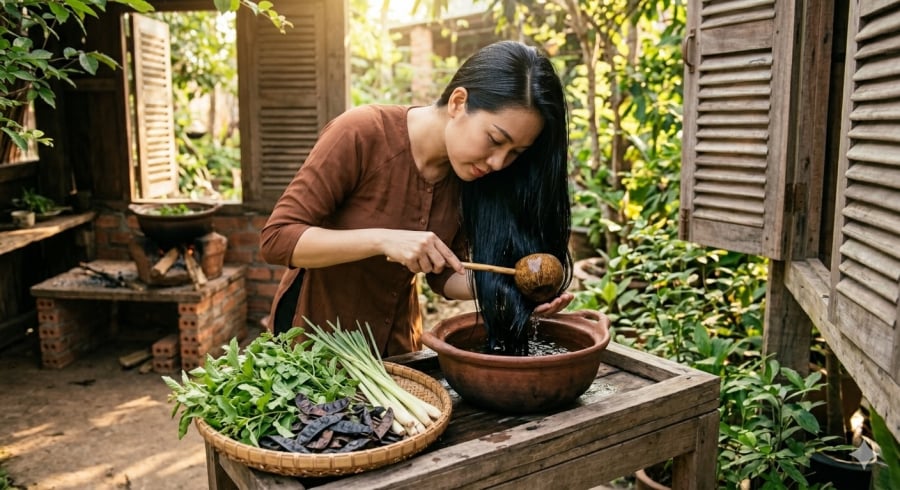 Sự kết hợp giữa hương nhu, bồ kết và sả không chỉ giúp mái tóc thơm mát tự nhiên mà còn đem lại những phút giây thư giãn như một liệu pháp chăm sóc tại nhà.