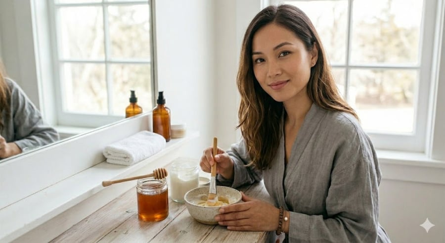 Cho sữa chua và mật ong vào một chén nhỏ, khuấy đều tay cho đến khi hai nguyên liệu hòa quyện thành một mảnh mịn, đồng nhất.