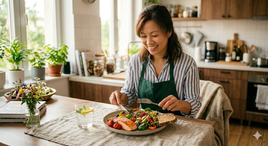 Bổ sung protein, rau xanh và thực phẩm giàu omega-3 là một trong những cách hỗ trợ sức khỏe cho phụ nữ sau tuổi 40.