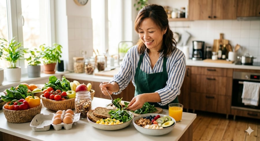 Chế độ ăn cân bằng có thể giúp phụ nữ sau 40 duy trì năng lượng và giảm cảm giác mệt mỏi trong cuộc sống hàng ngày.
