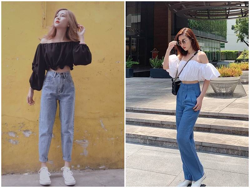 Công thức này mang lại sự cân bằng giữa nét nữ tính của chiếc áo và sự năng động của quần denim.