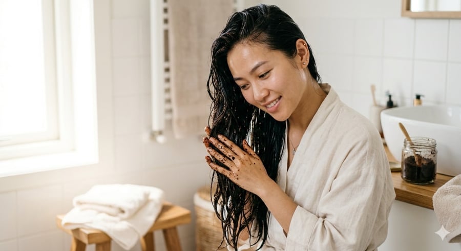 Bã cà phê không chỉ giúp tẩy tế bào chết cho da đầu mà còn khiến mái tóc trông mềm mượt, bóng khỏe hơn sau mỗi lần sử dụng.