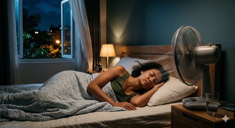 Nhiều người có thói quen bật quạt suốt đêm để làm mát nhưng việc để gió thổi trực tiếp vào cơ thể trong nhiều giờ có thể gây khô họng, đau đầu và mỏi cổ khi thức dậy.