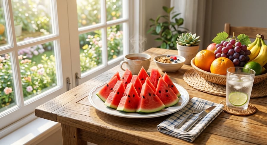Ăn dưa hấu vào buổi sáng hoặc giữa buổi có thể giúp cơ thể bổ sung nước và hấp thu dưỡng chất hiệu quả hơn.