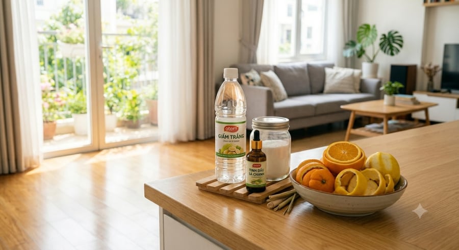 Giấm trắng, sả chanh và vỏ các loại quả có múi là những nguyên liệu quen thuộc thường được sử dụng để tạo hương thơm tự nhiên khi lau dọn nhà cửa.