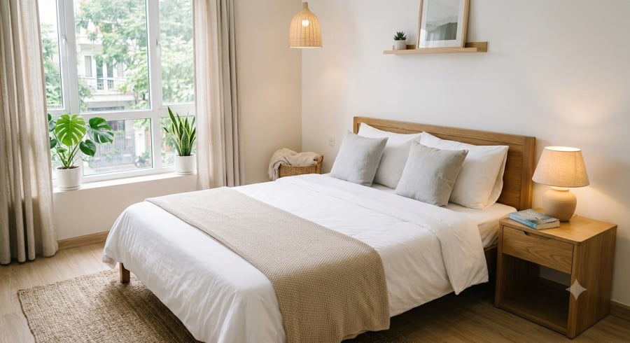 Giữ khu vực quanh giường ngủ gọn gàng giúp không gian nghỉ ngơi trở nên thoải mái và dễ thư giãn hơn.