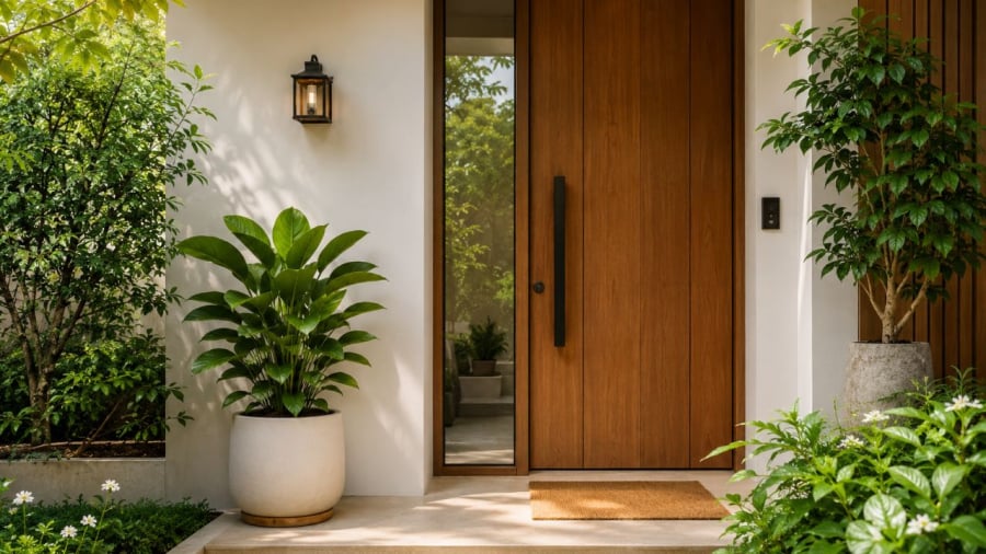 Bố trí cây xanh hợp lý ở khu vực cửa giúp mang lại sinh khí cho ngôi nhà