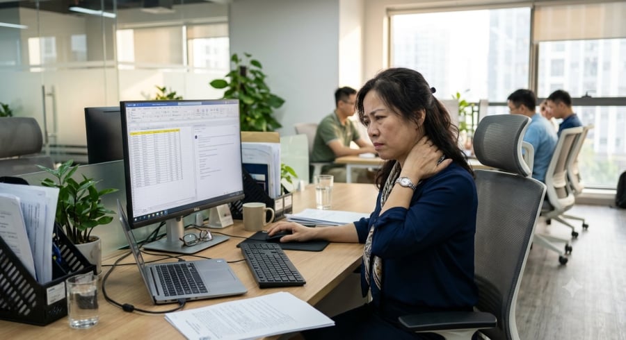 Đau vai gáy là tình trạng nhiều người trung niên gặp phải, đặc biệt khi duy trì tư thế ngồi làm việc trong thời gian dài.