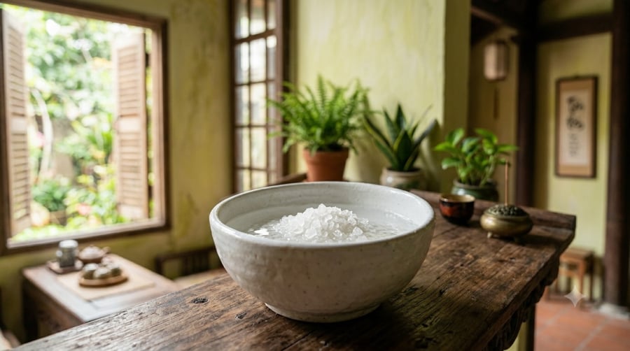 Theo kinh nghiệm dân gian, bát nước muối không chỉ giúp giảm cảm giác ẩm thấp mà còn mang ý nghĩa thanh sạch và bình an cho ngôi nhà.