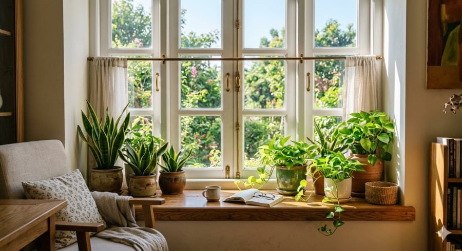 Những chậu cây nhỏ đặt gần cửa sổ không chỉ làm đẹp không gian mà còn mang đến cảm giác xanh mát, thư thái trong những ngày nắng nóng.