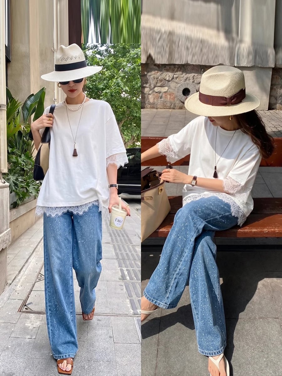 Khi kết hợp với quần jeans ống suông rộng, bộ trang phục mang đến vẻ ngoài hiện đại, tự nhiên và đầy thư thái.
