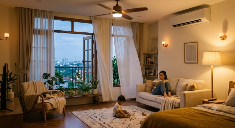 Thông gió vào buổi tối và sử dụng điều hòa hợp lý là cách đơn giản giúp làm mát nhà hiệu quả, đồng thời tiết kiệm điện năng.