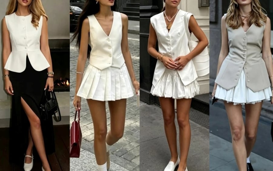 Sự đối lập giữa nét thanh lịch của áo vest và vẻ tươi trẻ của chân váy giúp bộ trang phục trở nên hiện đại và thu hút hơn.