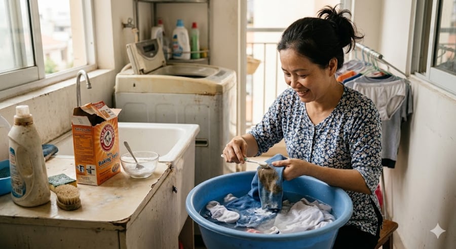 Sau khi ngâm, bạn mang quần áo giặt lại với xà phòng như bình thường. Kết quả sẽ khiến bạn bất ngờ khi các vệt ố vàng hoàn toàn 