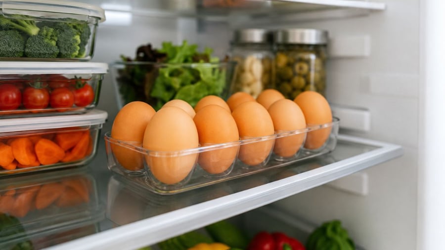 Trứng đặt cửa tủ lạnh là không hợp lý vì đó là nơi nhiệt độ thay đổi mạnh, hãy đặt trong ngăn trong