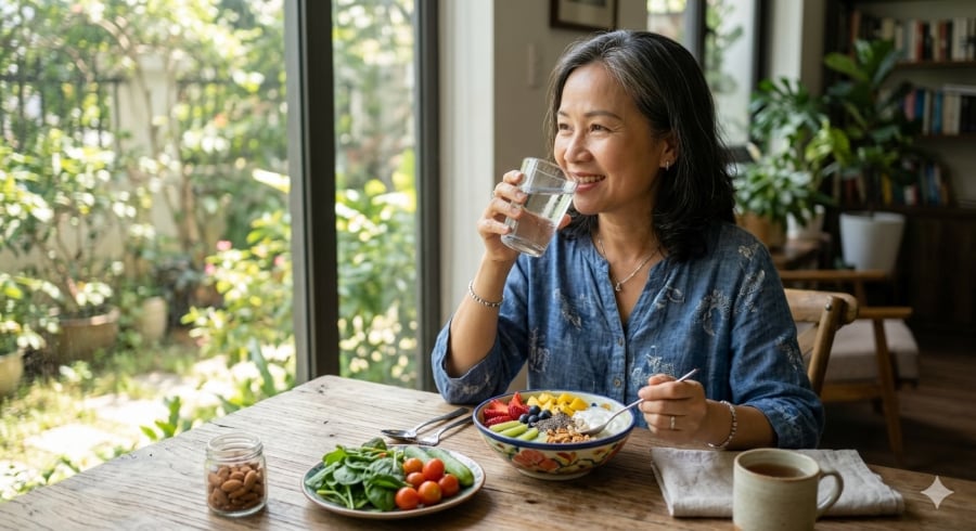 Bữa sáng cân bằng kết hợp uống đủ nước có thể hỗ trợ kiểm soát axit uric và giảm nguy cơ bùng phát cơn gút.