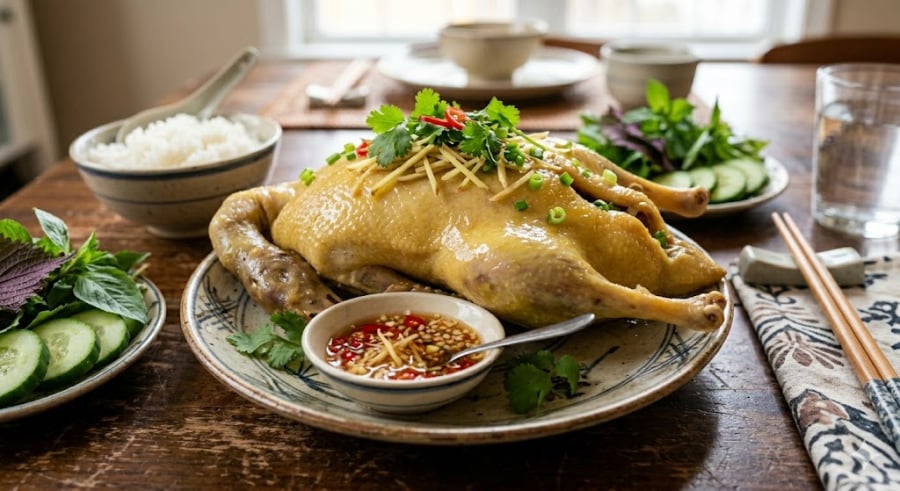 Để nước luộc thơm, ngoài gừng và hành khô nướng, hãy thả vào nồi một nguyên liệu đặc biệt: 1 củ hành tây bổ đôi (hoặc vài nhánh sả đập dập).    