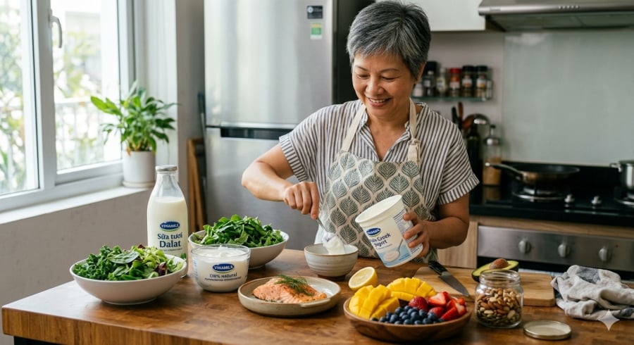 Chế độ ăn đa dạng với thực phẩm tự nhiên giúp bổ sung nhiều dưỡng chất thiết yếu cho cơ thể sau tuổi 40.