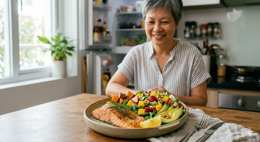 Cá béo, rau xanh và các loại hạt là nguồn cung cấp omega-3, chất xơ cùng nhiều vi chất quan trọng cho sức khỏe tuổi trung niên.