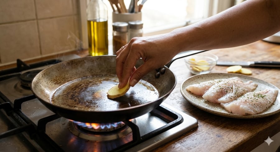 Chà một lát gừng lên chảo nóng trước khi chiên là mẹo dân gian giúp hạn chế tình trạng cá dính chảo.