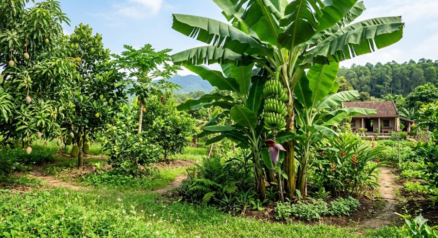 Chuối ăn quả không chỉ tạo mảng xanh cho khu vườn mà còn mang lại nguồn thực phẩm sạch cho gia đình.