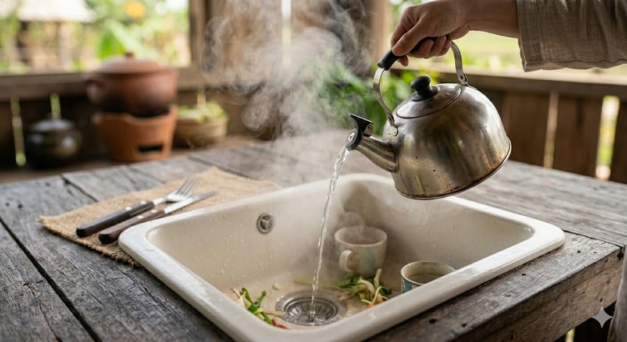 Nhiều người bất ngờ khi biết rằng chỉ cần một cốc nước vừa đun sôi đổ trực tiếp vào bồn rửa có thể làm giảm mùi hôi ngay lập tức.