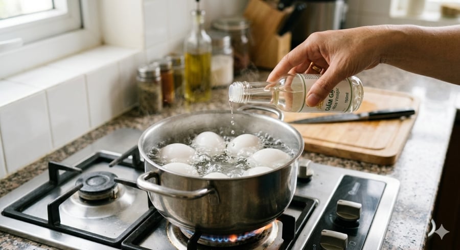 Cho một lượng nhỏ giấm vào nước luộc có thể giúp hạn chế nứt vỏ và hỗ trợ bóc trứng dễ dàng hơn.