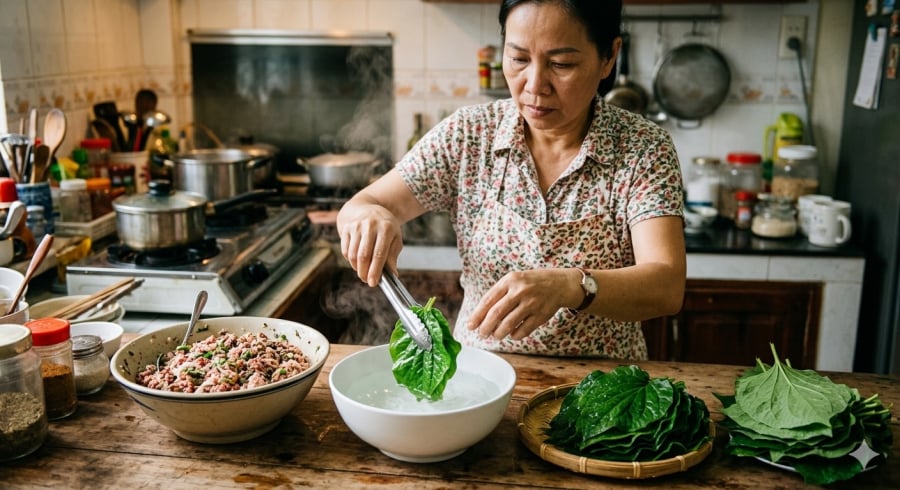 Chần lá lốt vài giây rồi ngâm nước lạnh là mẹo đơn giản giúp lá mềm hơn, dễ cuốn và giữ màu xanh đẹp khi rán.
