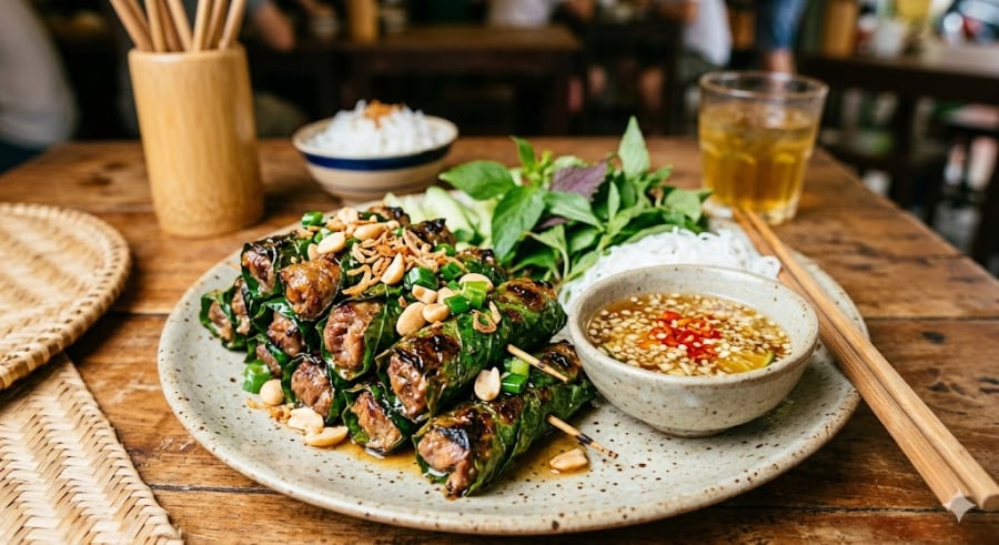 Trước khi cuốn, bạn có thể chần sơ lá lốt qua nước sôi khoảng 2 - 3 giây rồi vớt ra ngâm ngay vào bát nước đá lạnh, sau đó thấm thật khô.