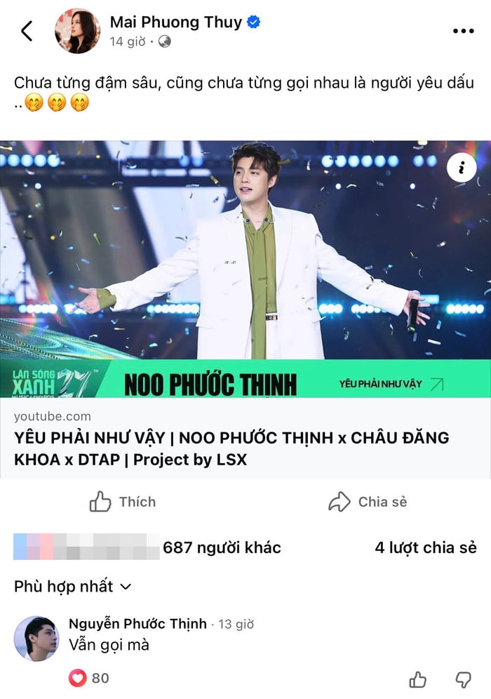 Mai Phương Thúy bất ngờ nhắc đến Noo Phước Thịnh, nam ca sĩ lập tức có phản hồi gây chú ý