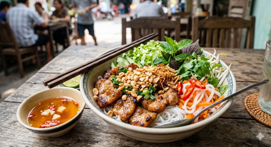 Bún thịt nướng chuẩn quán với màu sắc bắt mắt và hương thơm khó cưỡng.
