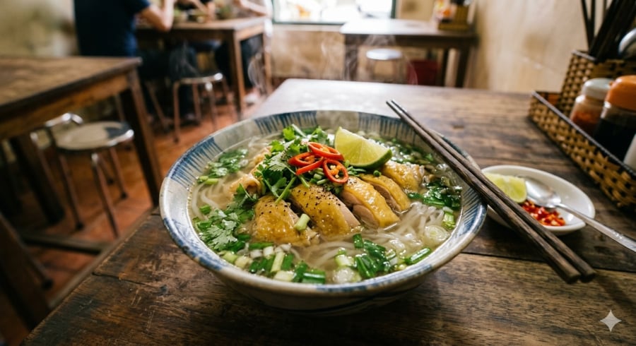 Phở gà thơm ngọt, món ăn quen thuộc nhưng luôn khiến cả gia đình thích thú.