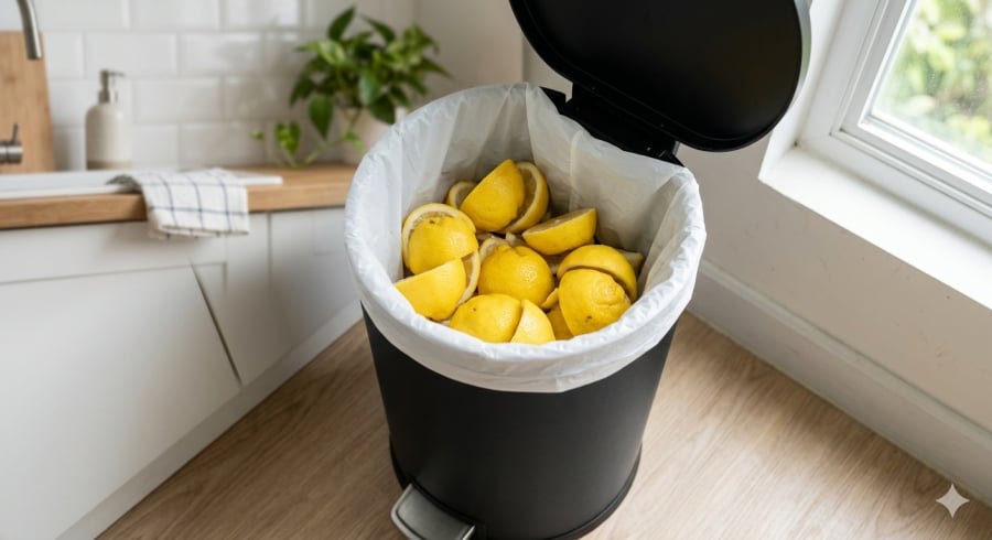 Những miếng vỏ chanh nhỏ có thể giúp giảm mùi hôi trong thùng rác một cách tự nhiên.