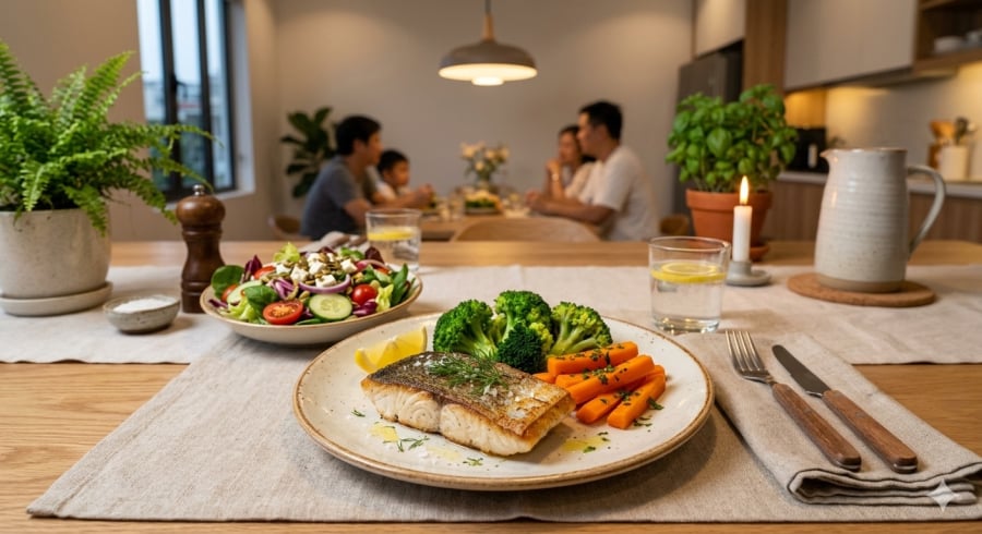 Ưu tiên rau xanh và nguồn đạm chất lượng giúp bữa tối nhẹ nhàng nhưng vẫn đầy đủ dinh dưỡng.